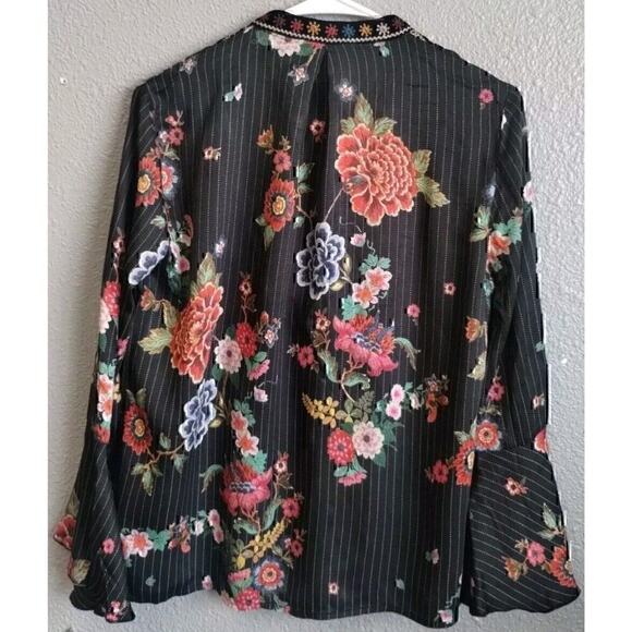 Johnny Was Biya 3J Workshop JWLA Stripe Velour Embroidered Blouse Tunic Top XS - Picture 2 of 9